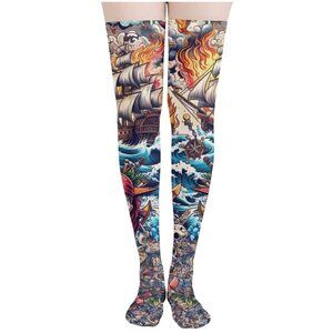 Tattoo Thigh High Stockings Vintage Skull Sexy Large Socks Over the Knee Pirate